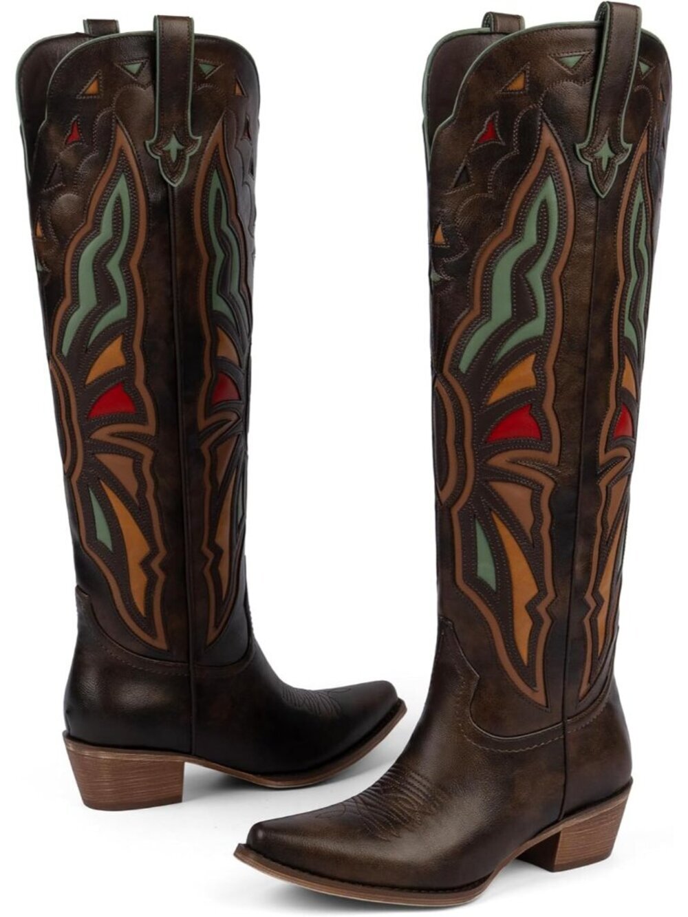Women B-chocolate Leather Knee High Chunky Butterfly Cowgirl Calf Pointed Boot - Picture 6 of 6